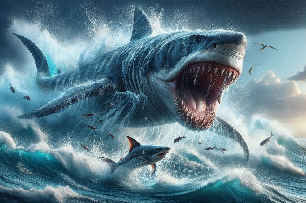 Illustration of A megalodon chasing its prey