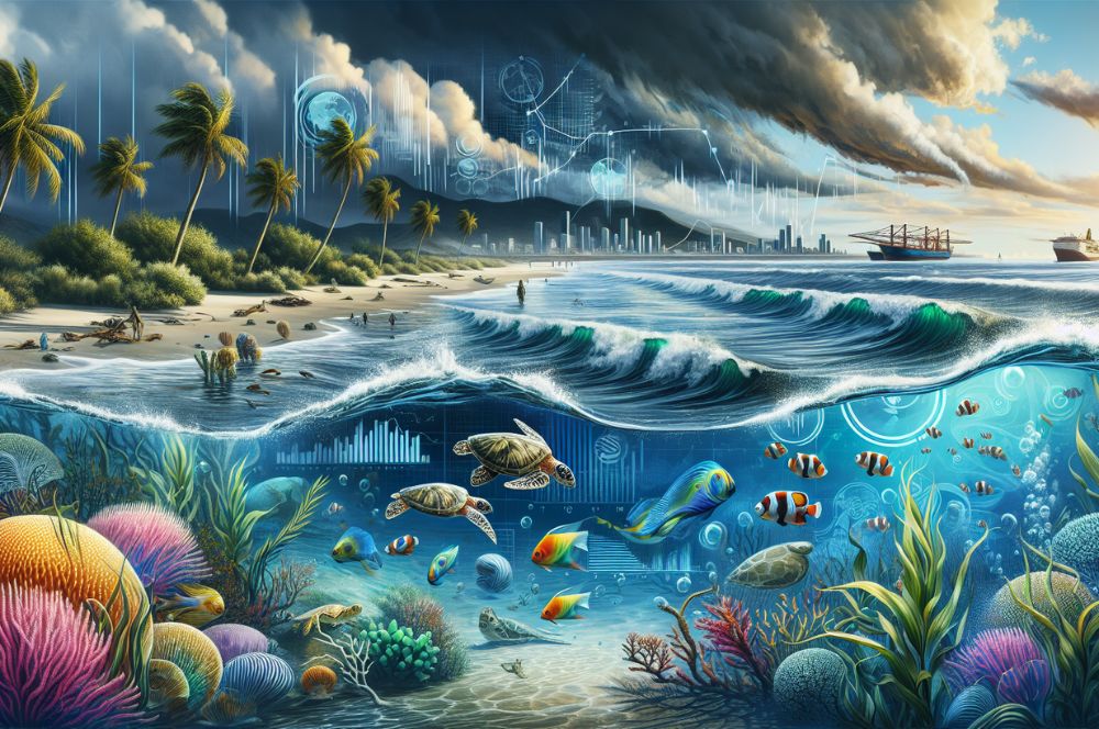 A conceptual illustration depicting the impact of rising sea levels on coastal areas and marine life, with ocean facts included.