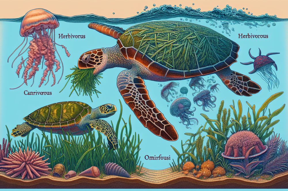 Illustration of sea turtles with diverse diets in ocean and coastal ecosystems