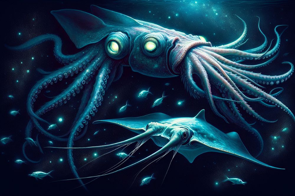 Illustration of giant deep-sea creatures in the abyss