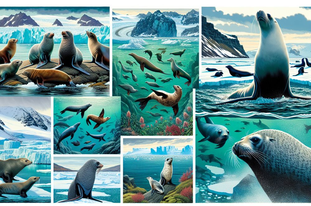 Illustration of various seal species in their natural habitats