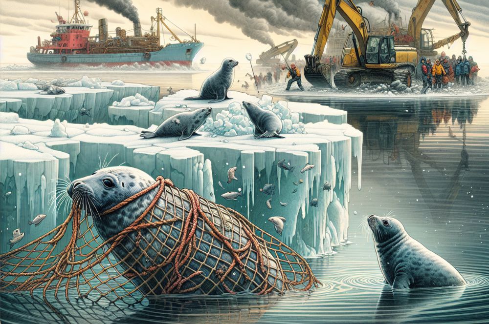 Illustration of seals facing conservation challenges in their habitats