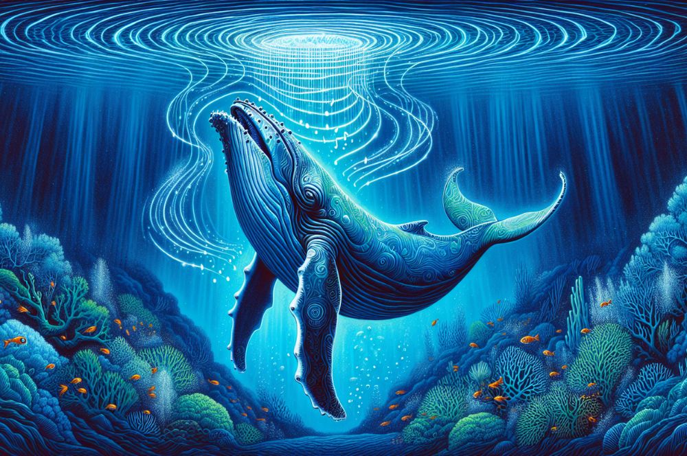 Illustration of a male humpback whale vocalizing underwater