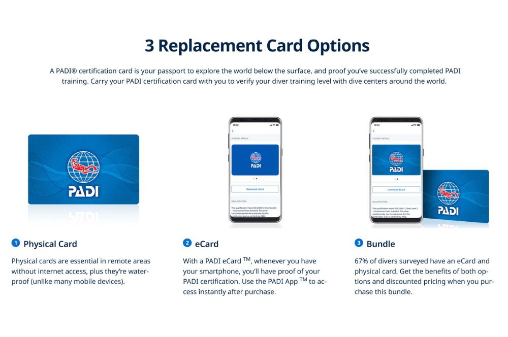 Options for your replacement PADI certification card