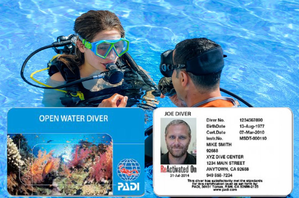 A scuba diver refresher course card